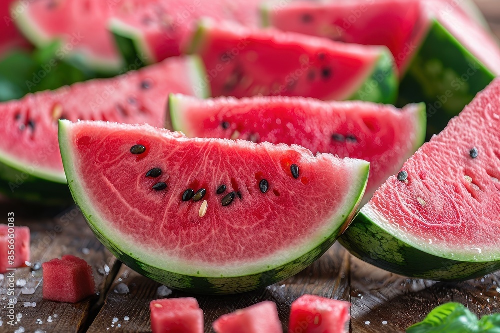 A close-up of a juicy watermelon sliced in half, showcasing its bright red flesh and black seeds, surrounded by watermelon slices. A close-up of a juicy watermelon sliced in half, showcasing its bright red flesh and black seeds, surrounded by watermelon slices.