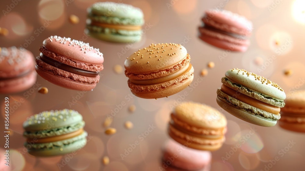 Close-up colorful macarons are flying on the air on isolated background Close-up colorful macarons are flying on the air on isolated background