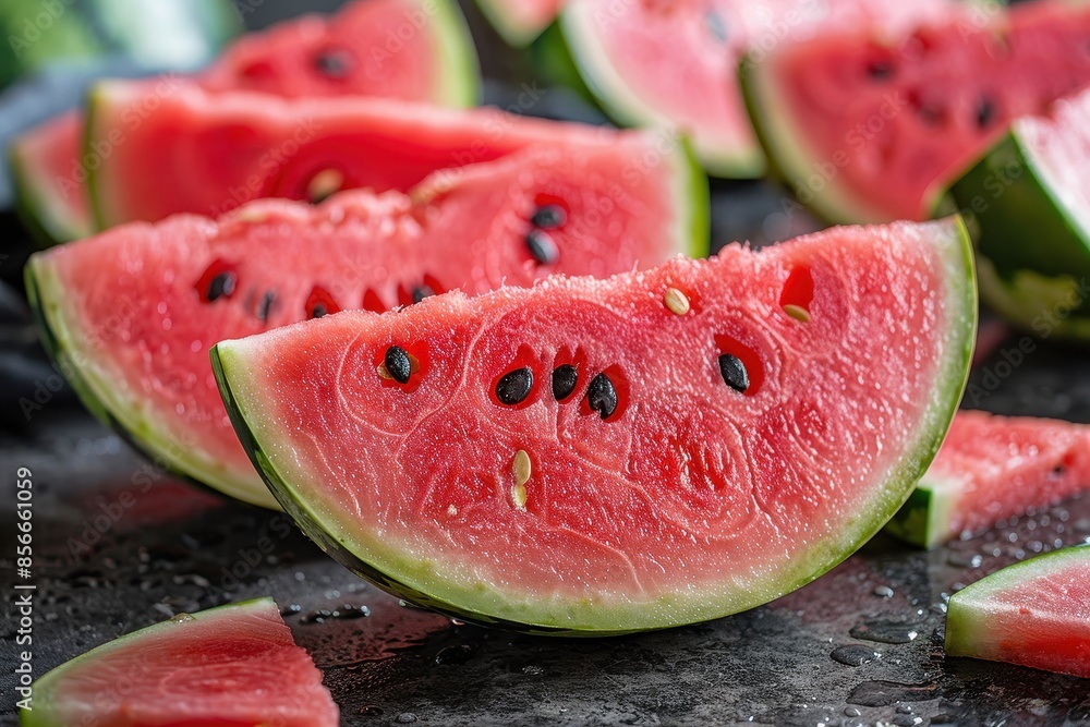 A close-up of a juicy watermelon sliced in half, showcasing its bright red flesh and black seeds, surrounded by watermelon slices. A close-up of a juicy watermelon sliced in half, showcasing its bright red flesh and black seeds, surrounded by watermelon slices.