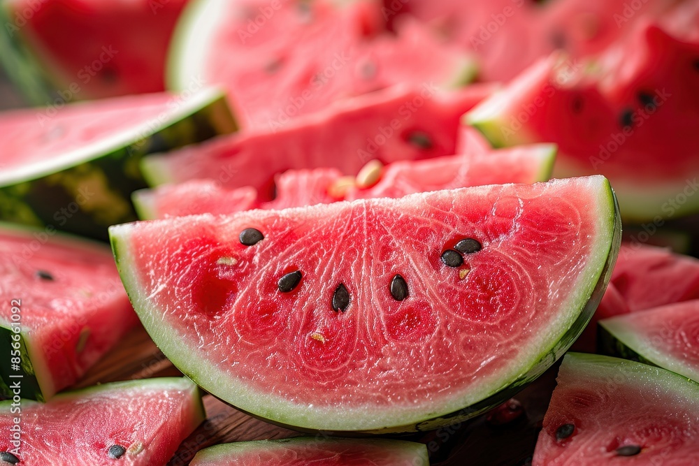A close-up of a juicy watermelon sliced in half, showcasing its bright red flesh and black seeds, surrounded by watermelon slices. A close-up of a juicy watermelon sliced in half, showcasing its bright red flesh and black seeds, surrounded by watermelon slices.