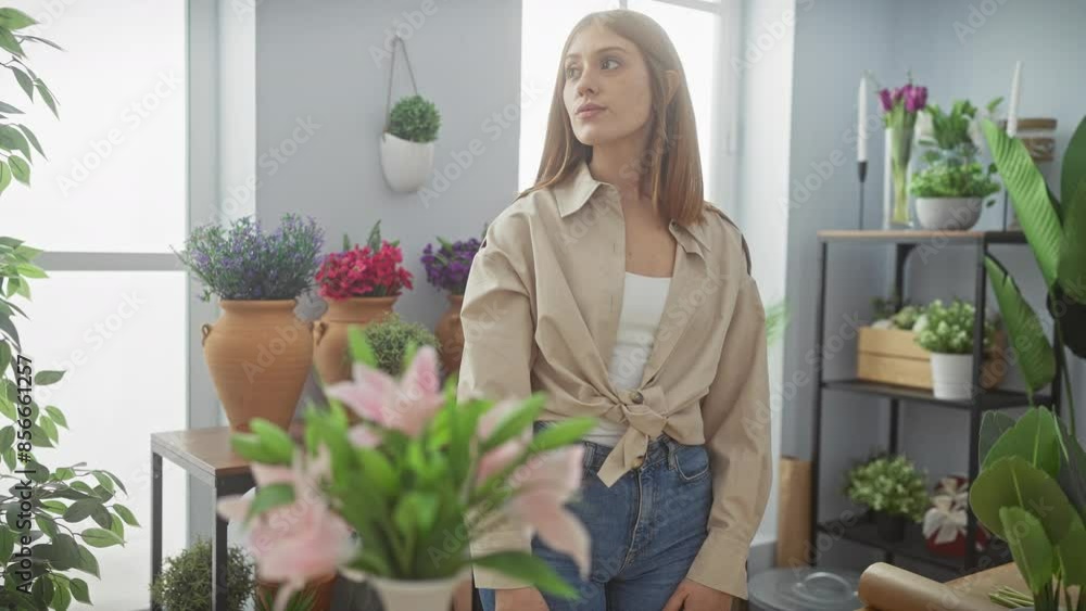 A content young woman poses in a bright plant-filled room, exuding casual style and natural beauty. A content young woman poses in a bright plant-filled room, exuding casual style and natural beauty.