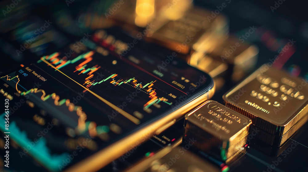 A close-up of a smartphone with gold stock market graphs. investment finance