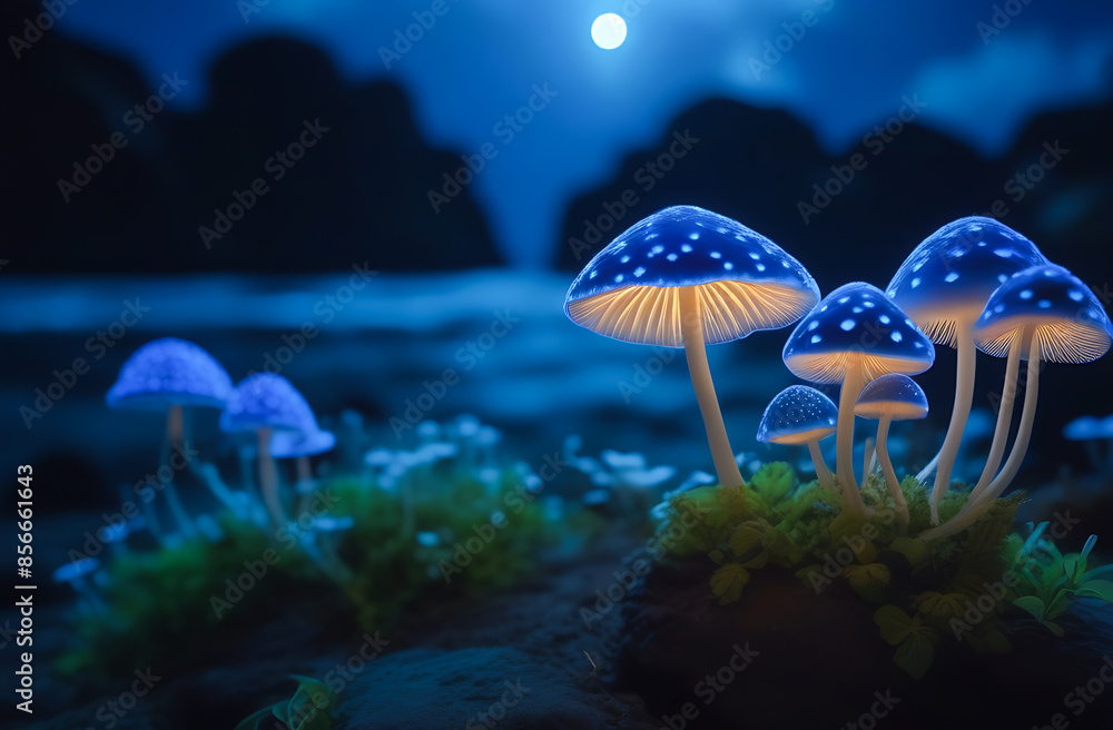 Fototapeta premium Cartoon mushroom tree with glowing blue and purple spores on the shore