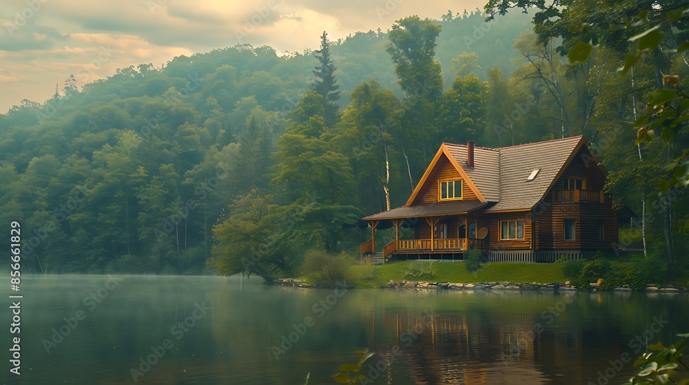 A picturesque wooden house nestled in front of a serene nature background, surrounded by lush green trees and a tranquil lake, captured in stunning detail by the HD camera A picturesque wooden house nestled in front of a serene nature background, surrounded by lush green trees and a tranquil lake, captured in stunning detail by the HD camera
