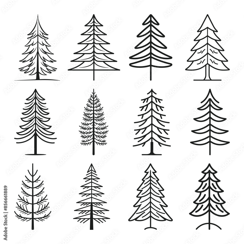 Fototapeta premium A bundle of line art pine tree vector icon style