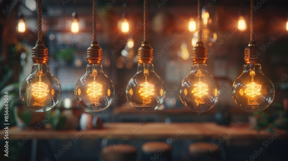 A hanging lightbulbs in a row, all illuminated. The warm glow of the bulbs contrasts with the background, symbolizing the concept of innovation and ideas.
A hanging lightbulbs in a row, all illuminated. The warm glow of the bulbs contrasts with the background, symbolizing the concept of innovation and ideas.