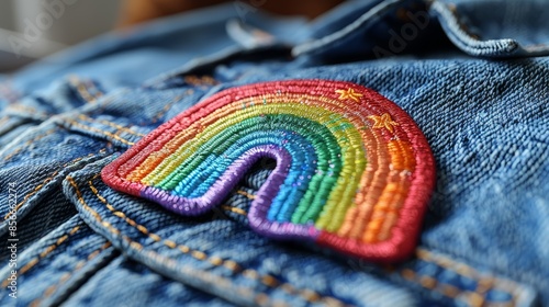 A close-up of a rainbow flag patch on a denim jacket. photo