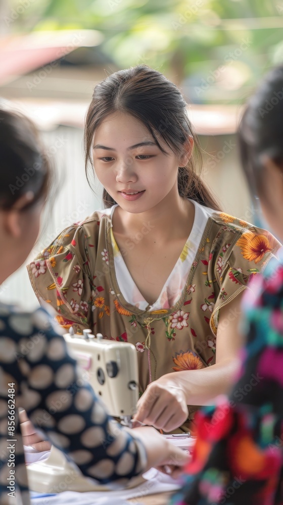 Fototapeta premium A young woman focuses intently on sewing with a sewing machine