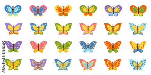 Vector illustration of colorful butteries. Big set of different butterflies.