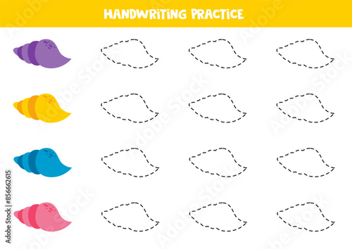 Tracing contours of colorful sea shells. Writing practice.