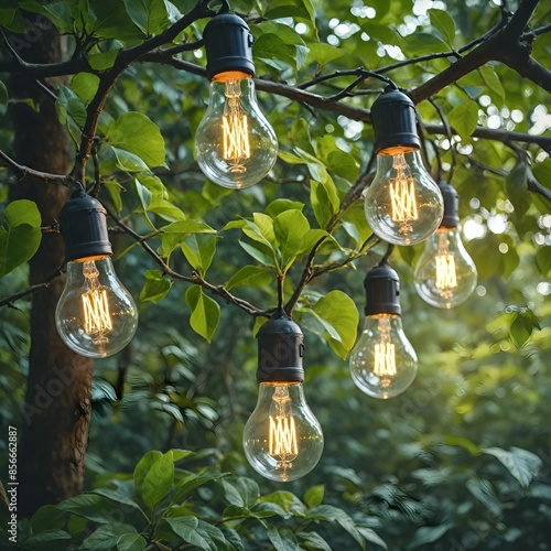 Concetto di energia verde e rinnovabile, lampadina, lampadine accesa in un contorno di foglie, alberi e vegetazione verde photo