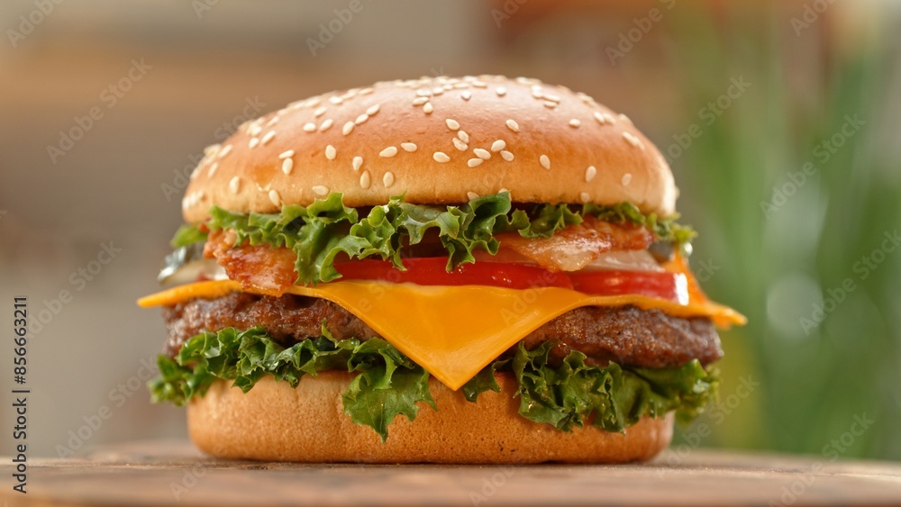 Close-up of home made tasty burgers on old olive wooden table. Close-up of home made tasty burgers on old olive wooden table.