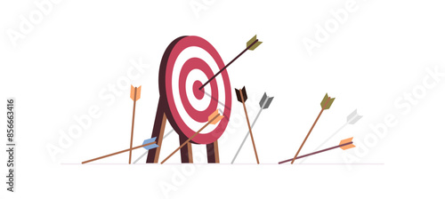 Multiple arrow missed hitting target mark and fail archery goal inaccurate to purpose concept on background flat vector illustration.