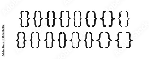 Set of black curly brackets related icons, curly braces of different shapes, mathematics or punctuation frame symbols, paranthesis signs concept flat vector illustration.
