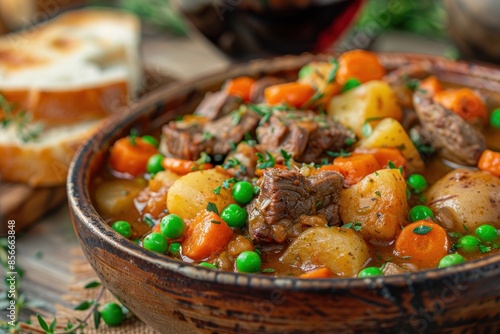 A bowl of stew with meat and vegetables, including carrots and peas