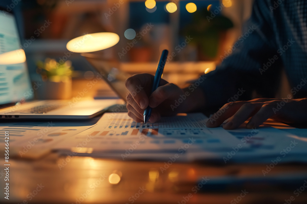Obraz premium Close-up of a person analyzing financial charts and graphs, writing with a pen, smartphone and laptop nearby, warm sunlight filtering through the window