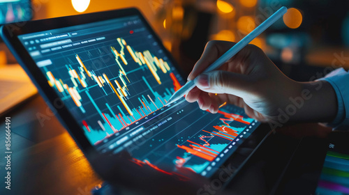 A person using a stylus to annotate gold stock data on a tablet. investment finance