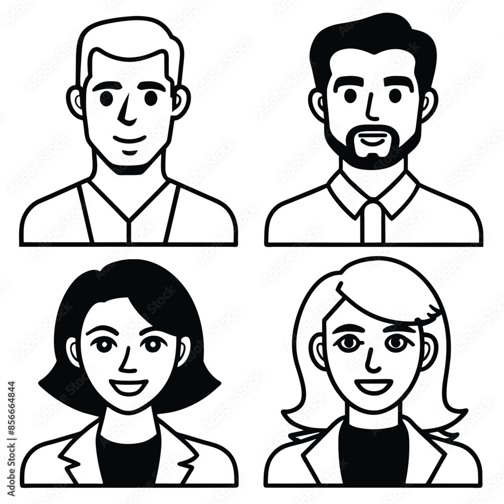Digital illustration with 4 pop art characters on white background. 2 men and 2 women with distinct hairstyles and expressions Digital illustration with 4 pop art characters on white background. 2 men and 2 women with distinct hairstyles and expressions