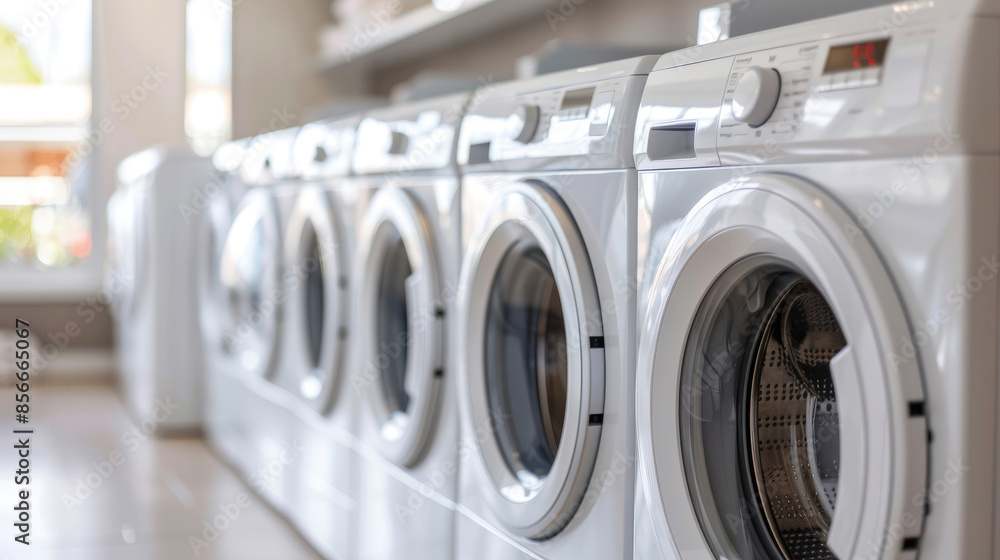 White Front Loading Washing Machines and Dryers in Lined-Up Formation White Front Loading Washing Machines and Dryers in Lined-Up Formation