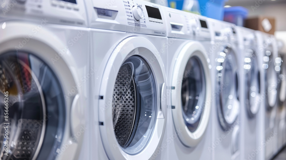 White Front Loading Washing Machines and Dryers in Lined-Up Formation White Front Loading Washing Machines and Dryers in Lined-Up Formation