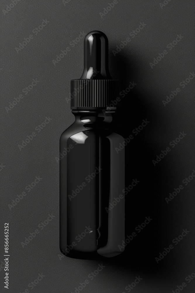 A black bottle with a black cap sits on a dark surface A black bottle with a black cap sits on a dark surface
