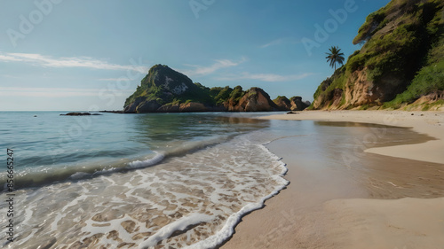 Scenic view of waves hitting a rocky cliff on a sandy beach photo