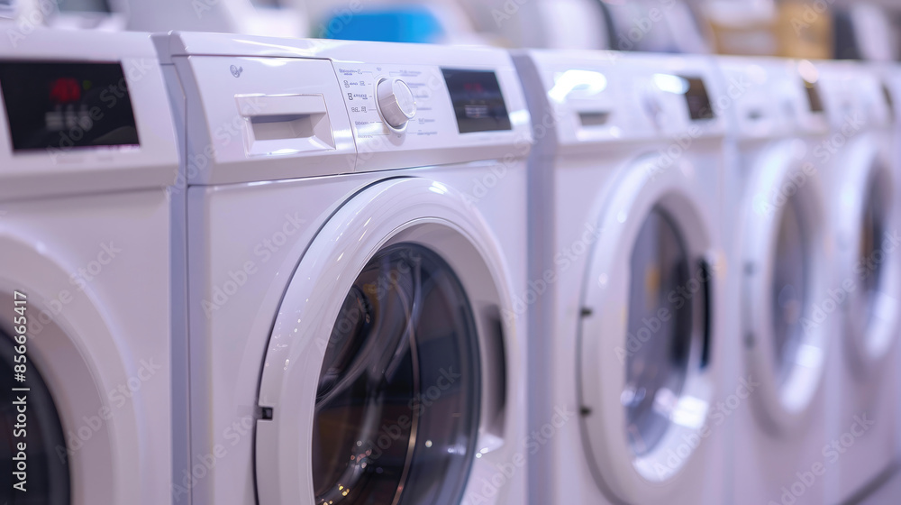 White Front Loading Washing Machines and Dryers in Lined-Up Formation White Front Loading Washing Machines and Dryers in Lined-Up Formation
