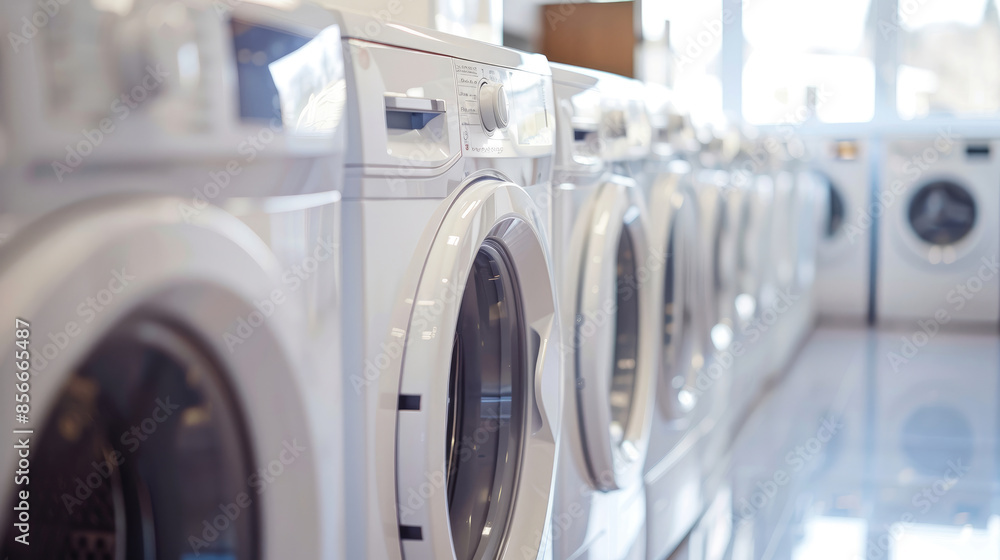 White Front Loading Washing Machines and Dryers in Lined-Up Formation White Front Loading Washing Machines and Dryers in Lined-Up Formation