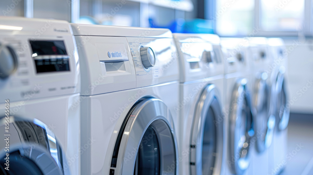 White Front Loading Washing Machines and Dryers in Lined-Up Formation White Front Loading Washing Machines and Dryers in Lined-Up Formation