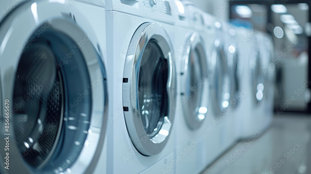 White Front Loading Washing Machines and Dryers in Lined-Up Formation White Front Loading Washing Machines and Dryers in Lined-Up Formation