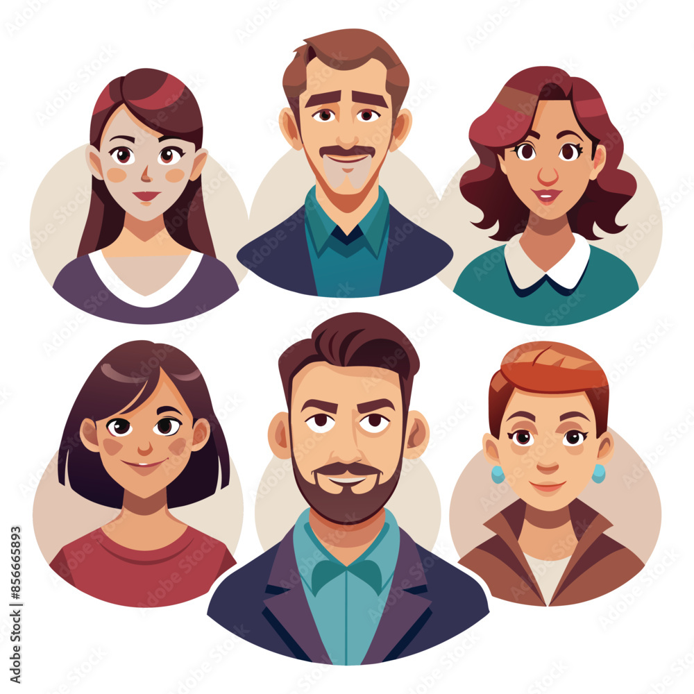 An illustration depicting six individual cartoon portraits of men and women with various hairstyles and clothing An illustration depicting six individual cartoon portraits of men and women with various hairstyles and clothing