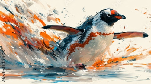 Adorable Penguin in Action - Wings Extended, Water Drops Spraying, Water Drops Sprayin photo