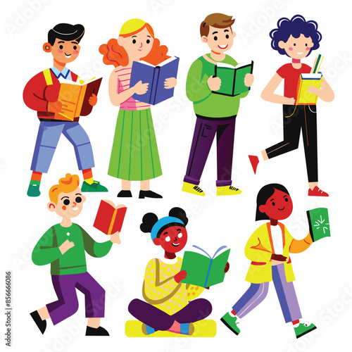 A colorful illustration of seven children, representing different backgrounds, happily reading books. They are all smiling and engaged in their individual stories photo