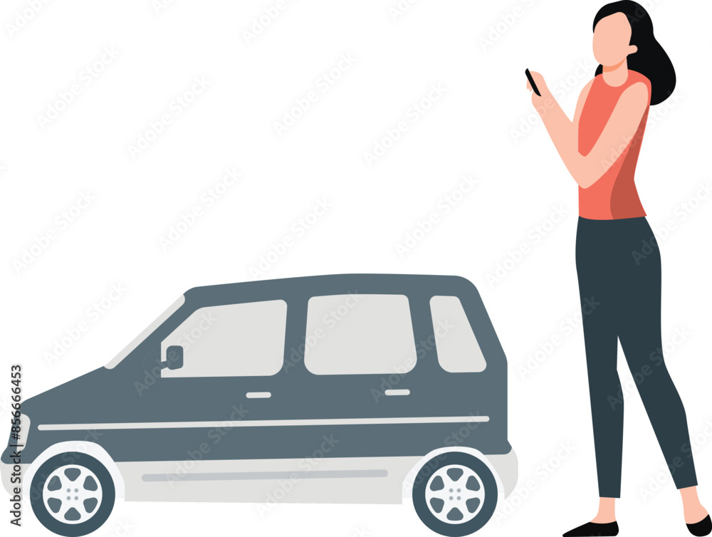 A girl is using a mobile for a cab.