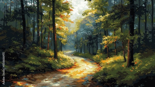 Autumn Forest Path, Painting of Woodland Scene © Gayan