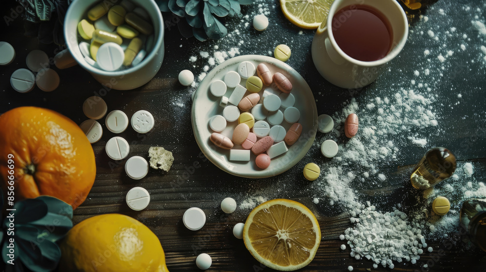 Detailed Flatlay Image of Pills on Table Detailed Flatlay Image of Pills on Table