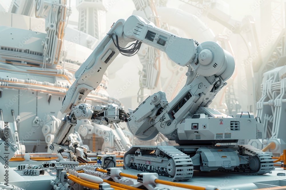 Futuristic robotic arm in an advanced technology factory setting, showcasing cutting-edge industrial automation and machinery. Futuristic robotic arm in an advanced technology factory setting, showcasing cutting-edge industrial automation and machinery.