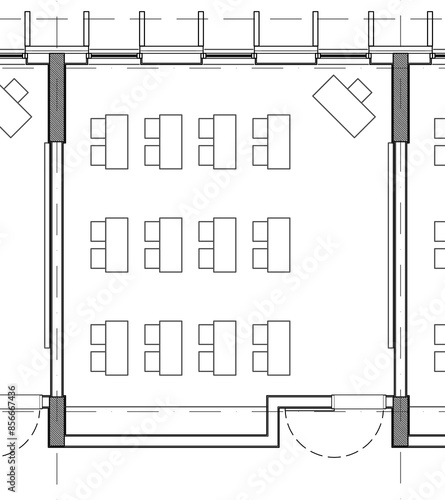 2d architectural drawing illustration of a primary school classroom for 24 students. Basic layout with desks for two. Educational space. Monochrome image