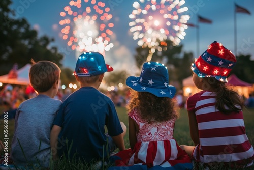 Heartwarming 4th of July community event at a local park, featuring families watching a fireworks display, kids playing games, and everyone dressed in festive red, white, and blue attire