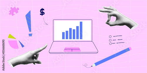 Halftone collage with hand chart. Growth finance business and marketing. Concept with halftone hand. Vector contemporary illustration