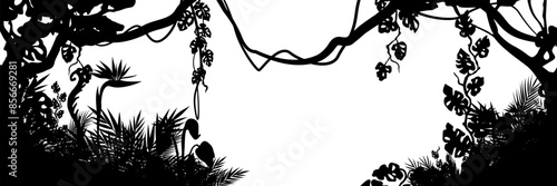 Jungle landscape. Vector background with silhouette of rainforest. Horizontal black panoramic border with lianas, palms, trees and bushes.