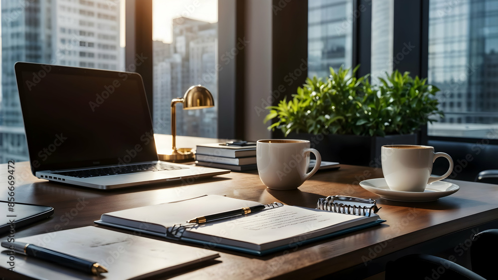 Modern Office Workspace with City View. A clean and organized office desk featuring a laptop, coffee cups, and a cityscape background.
Modern Office Workspace with City View. A clean and organized office desk featuring a laptop, coffee cups, and a cityscape background.
