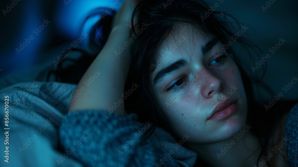 Young woman with dark hair lying in bed, experiencing insomnia. Soft, blue lighting highlights her tired face, emphasizing her sleeplessness and emotional distress Young woman with dark hair lying in bed, experiencing insomnia. Soft, blue lighting highlights her tired face, emphasizing her sleeplessness and emotional distress