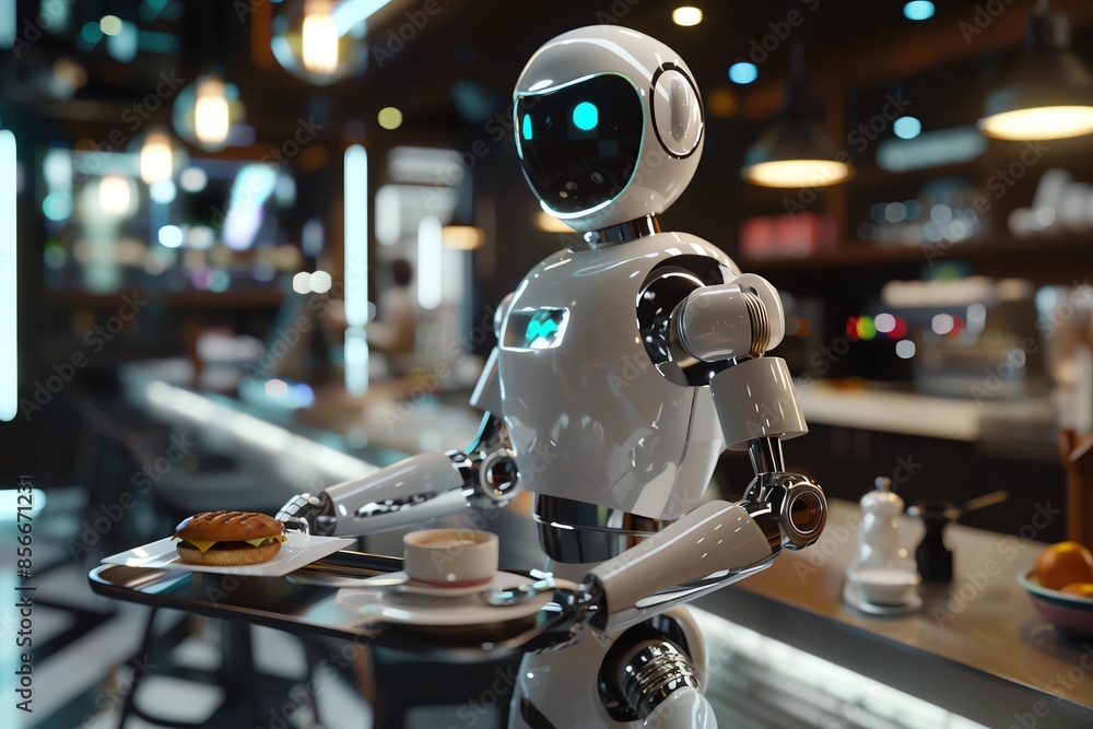 Waiter robot brings the cup of coffee Waiter robot brings the cup of coffee