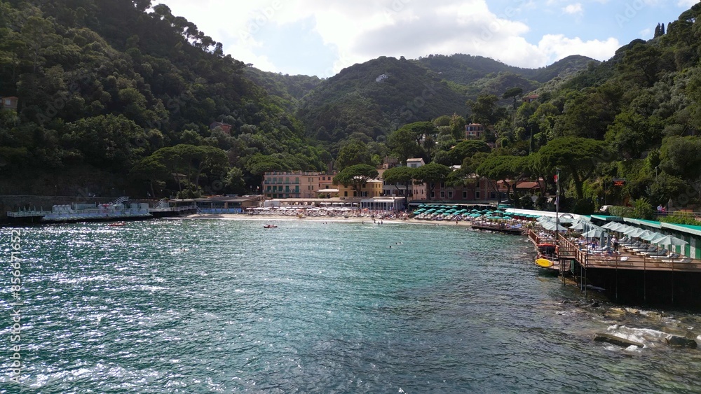 Europe, Italy, Liguria Drone aerial view of the amazing Beach of Paraggi in Santa Margherita and Portofino sea bay - Green water and summer time for tourist visiting attraction destination near Genoa
