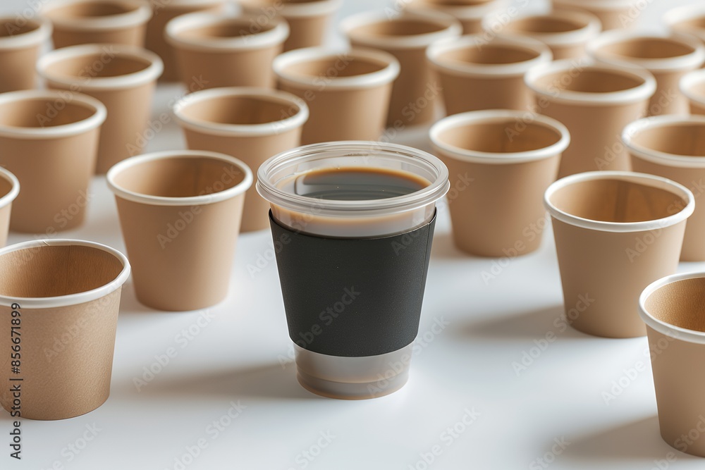 Closeup of one grey and brown glass reusable coffee cup in the middle surrounded by many blank beige paper cups with black plastic sleeves, on a light background, in the style of product photography. Closeup of one grey and brown glass reusable coffee cup in the middle surrounded by many blank beige paper cups with black plastic sleeves, on a light background, in the style of product photography.