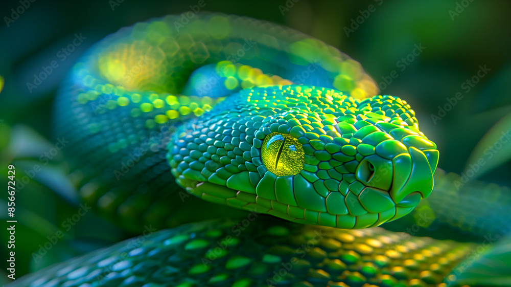 Fototapeta premium In the forest’s embrace, a green serpent lies coiled. Its yellow eye, a piercing beacon, surveys the domain. Nature’s intricate design is embodied in its scales.