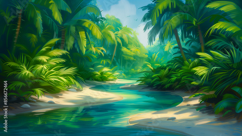 A tranquil river winds through a vibrant tropical forest. Sunlight filters through the dense canopy, casting dappled light on the foliage and water.