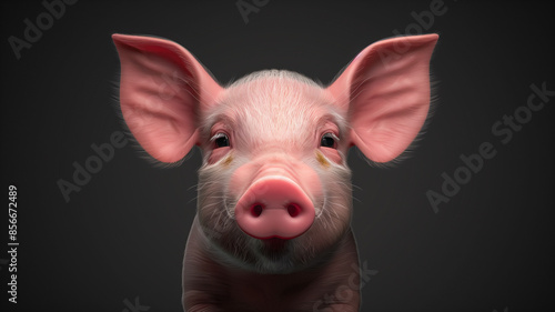 A detailed close-up captures a piglet’s face against a dark background. The image highlights the animal’s expressive eyes and pink snout, showcasing its innocent charm © StirfryMoJi