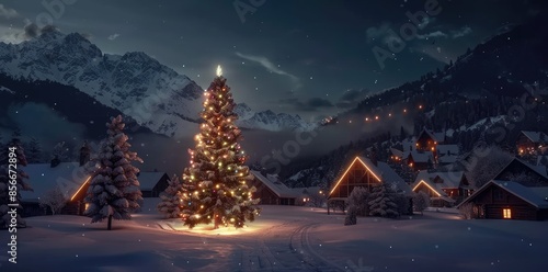 A serene snowy village nestled in a valley, adorned with twinkling lights and a towering Christmas tree.